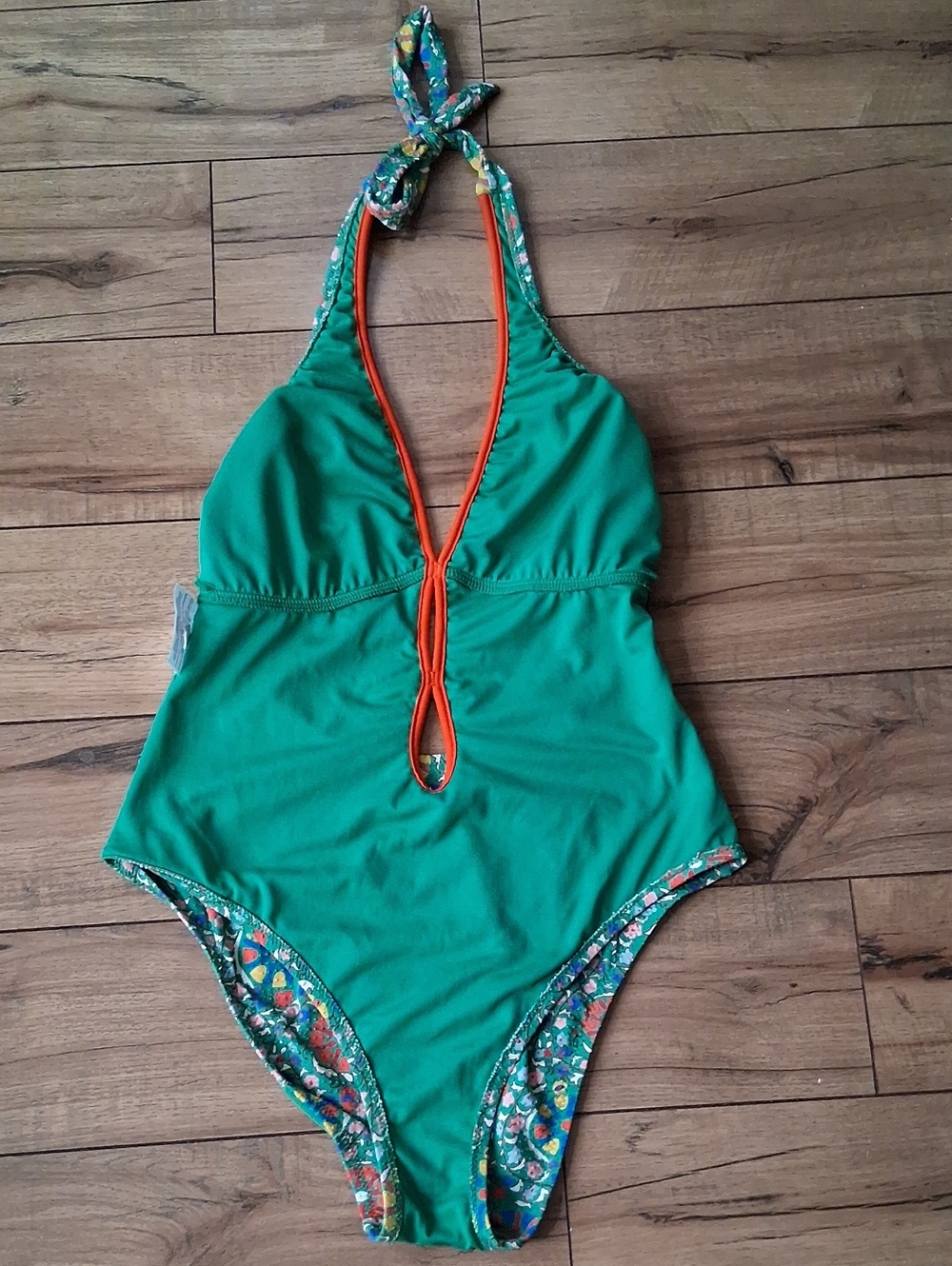 Women's Green Mosaic Halter V Neck One-Piece Swimsuit with Coral Trim Large - Picture 14 of 16